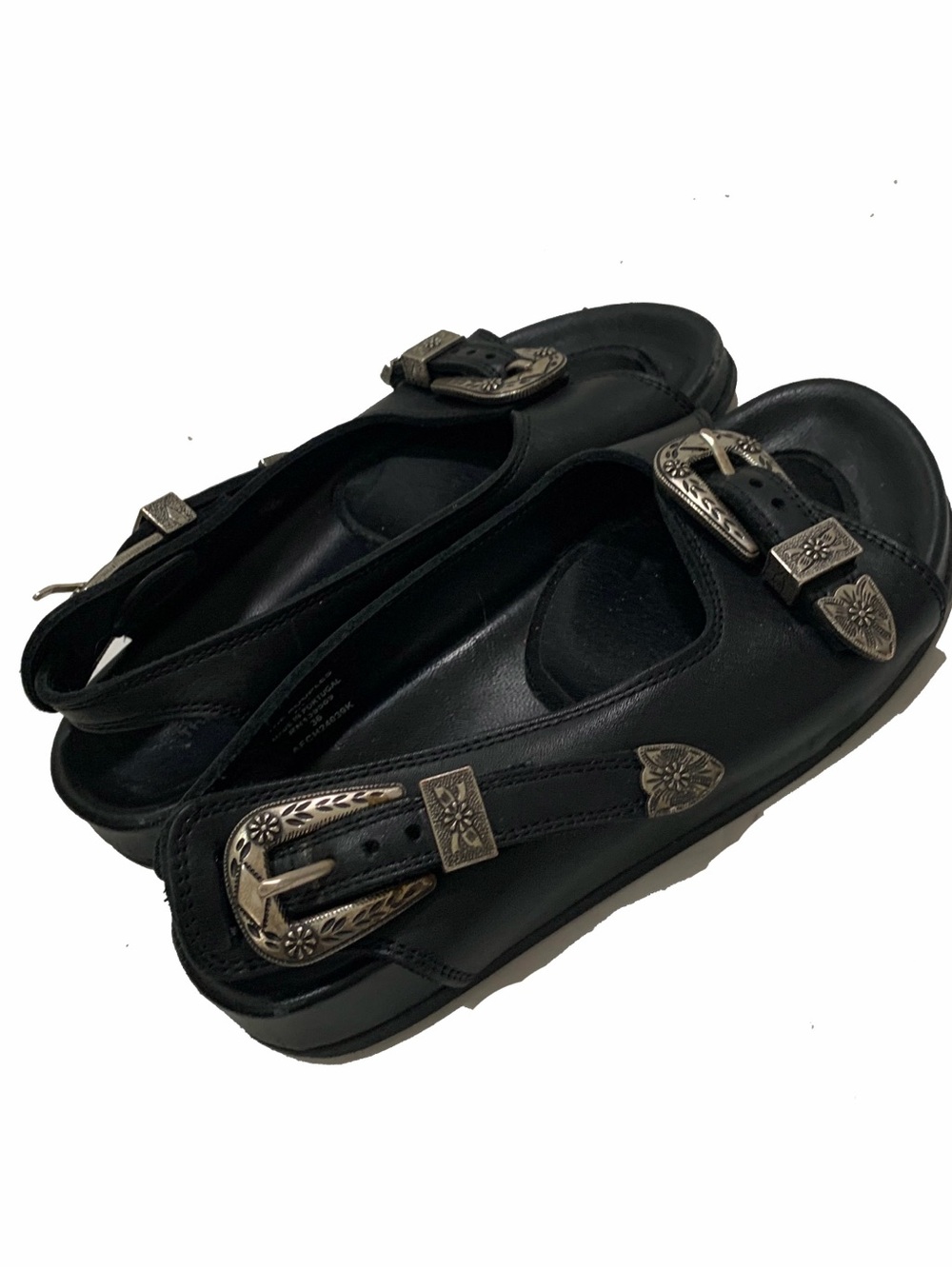 The Kooples Black Leather Slingback Sandals with Decorative Silver Buckles